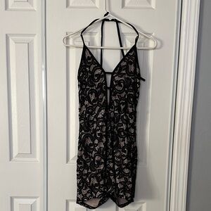 Black and Beige Lace Halter  Romper